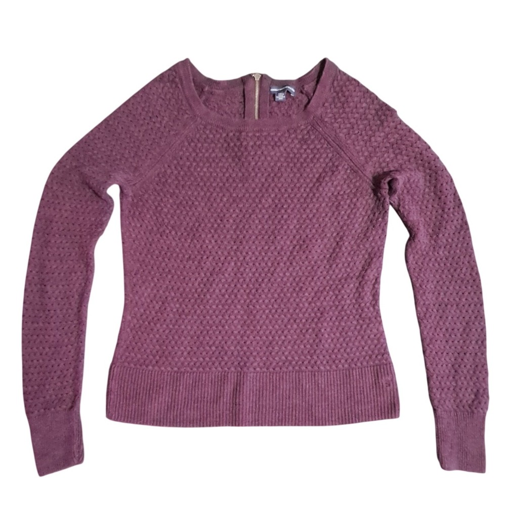 American Eagle Womens Burgundy Pointelle Knit Back Zip Pullover Sweater Small